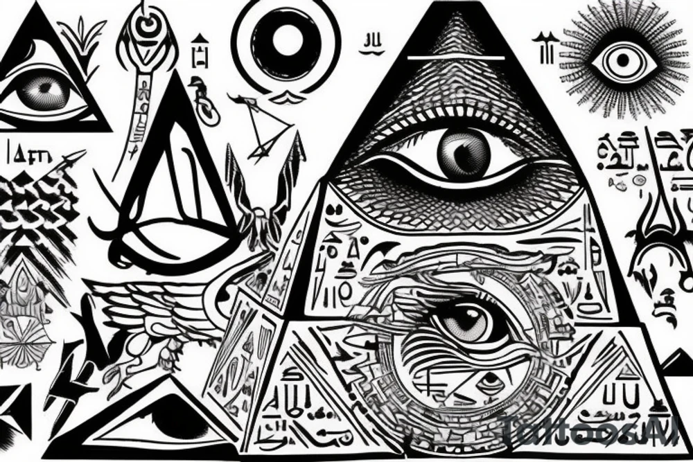 All seeing eye sitting on the tip of a Egyptian pyramid, dragons in the sky and in the foreground Jesus on the cross. tattoo idea