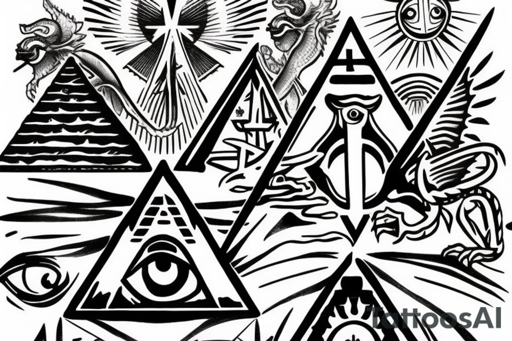 All seeing eye sitting on the tip of a Egyptian pyramid, dragons in the sky and in the foreground Jesus on the cross. tattoo idea