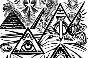 All seeing eye sitting on the tip of a Egyptian pyramid, dragons in the sky and in the foreground Jesus on the cross. tattoo idea