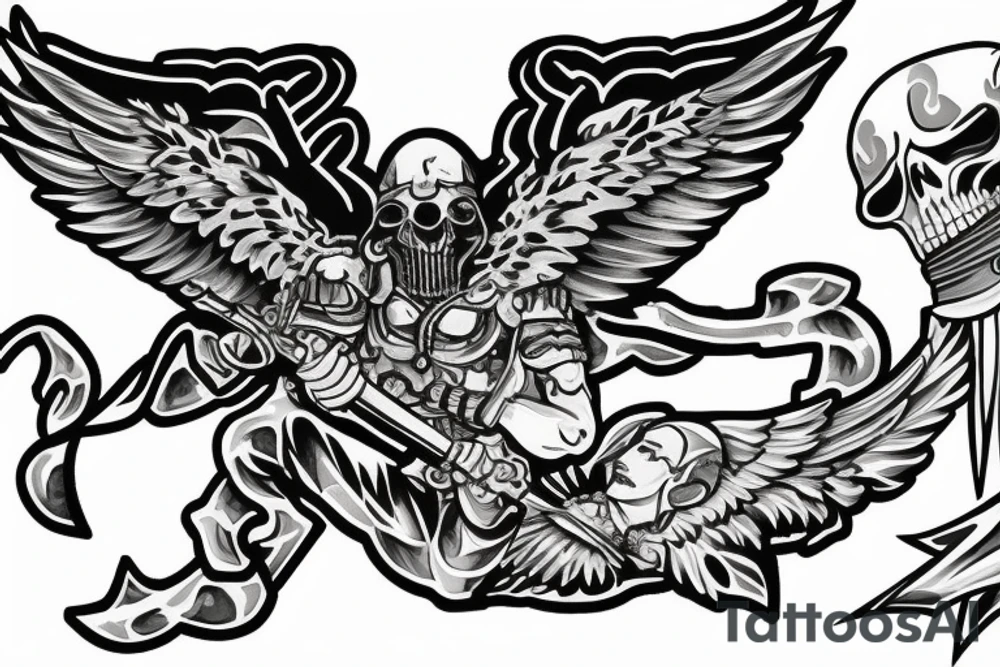 Warrior with wings in the sky with soldiers on a battlefield below and the grim reaper tattoo idea
