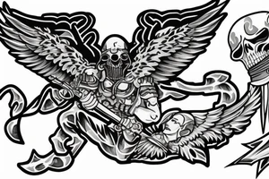 Warrior with wings in the sky with soldiers on a battlefield below and the grim reaper tattoo idea