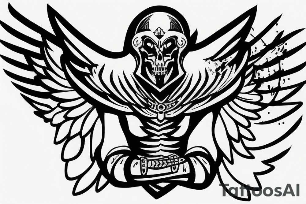 Warrior with wings in the sky with soldiers on a battlefield below and the grim reaper tattoo idea