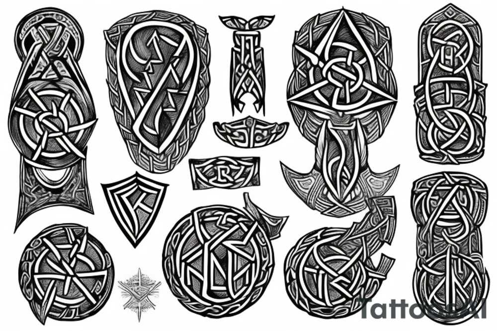 fantasy beautiful viking tattoo design on the shoulder with runes, yggdrasil, Thor's hammer, Vegvisir, valknut tattoo idea