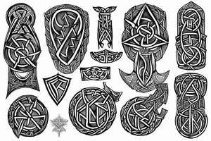 fantasy beautiful viking tattoo design on the shoulder with runes, yggdrasil, Thor's hammer, Vegvisir, valknut tattoo idea