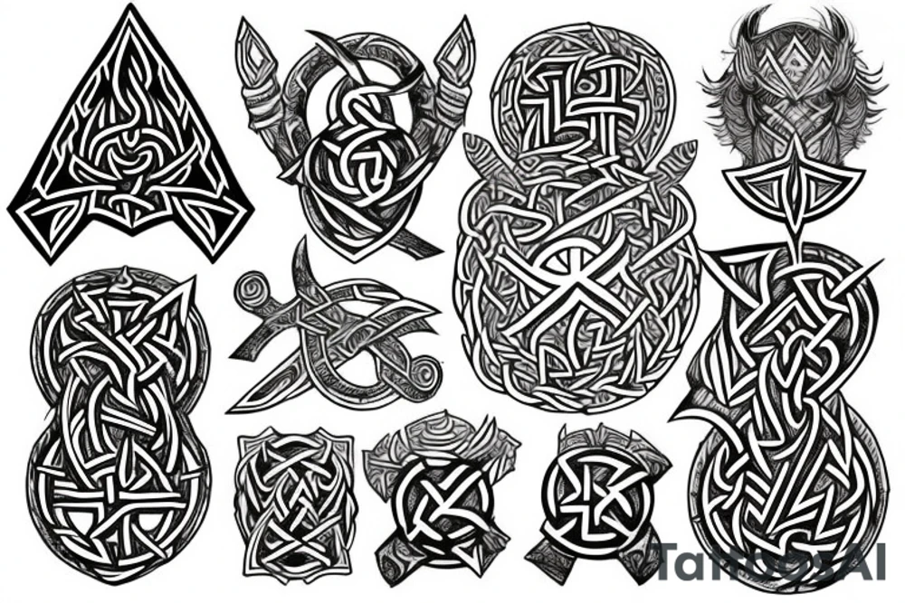 fantasy beautiful viking tattoo design on the shoulder with runes, yggdrasil, Thor's hammer, Vegvisir, valknut tattoo idea