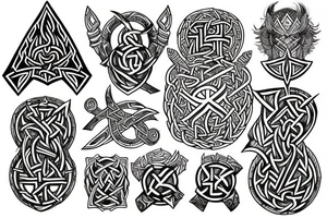 fantasy beautiful viking tattoo design on the shoulder with runes, yggdrasil, Thor's hammer, Vegvisir, valknut tattoo idea