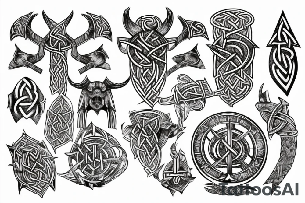 fantasy beautiful viking tattoo design on the shoulder with runes, yggdrasil, Thor's hammer, Vegvisir, valknut tattoo idea