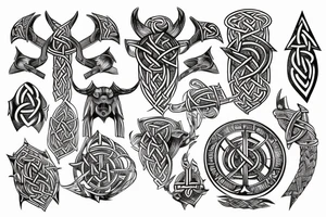 fantasy beautiful viking tattoo design on the shoulder with runes, yggdrasil, Thor's hammer, Vegvisir, valknut tattoo idea