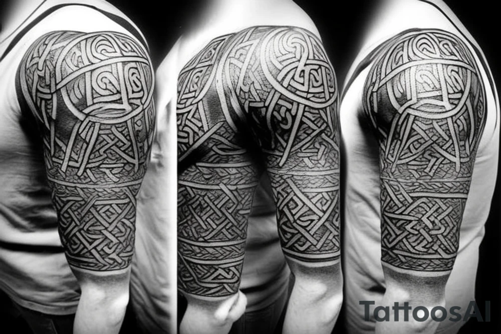 fantasy beautiful viking tattoo design on the shoulder with runes, yggdrasil, Thor's hammer, Vegvisir, valknut tattoo idea