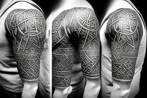 fantasy beautiful viking tattoo design on the shoulder with runes, yggdrasil, Thor's hammer, Vegvisir, valknut tattoo idea