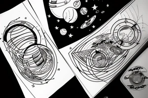 Astronaut surrounded by the planets and lines tattoo idea