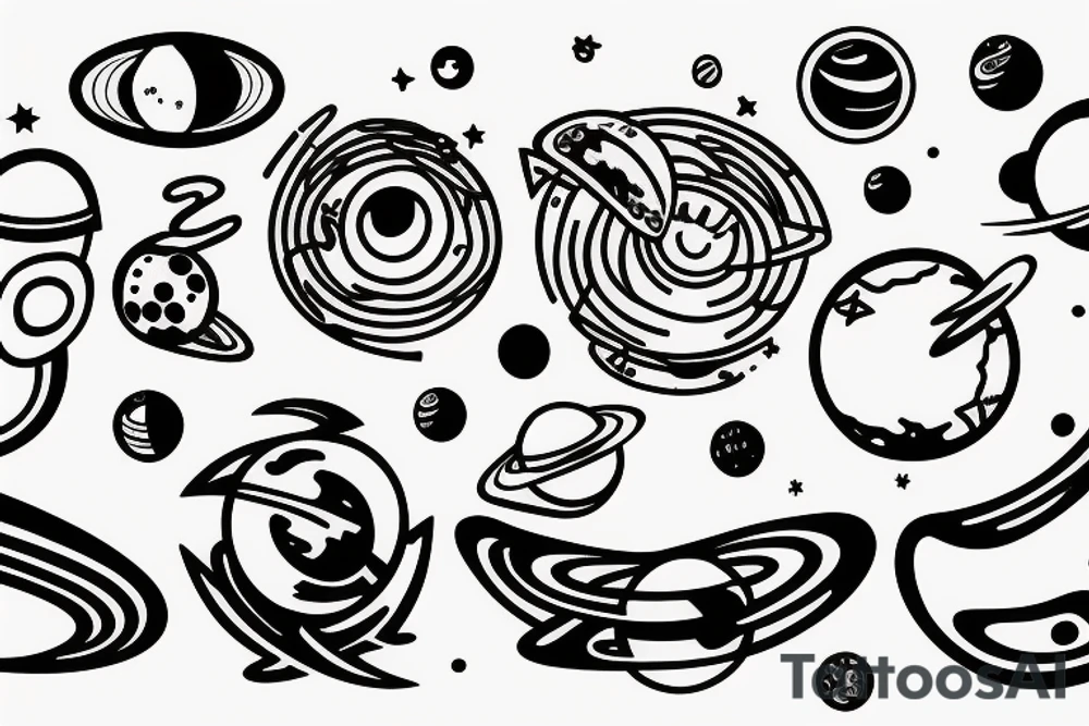 Astronaut surrounded by the planets and lines tattoo idea