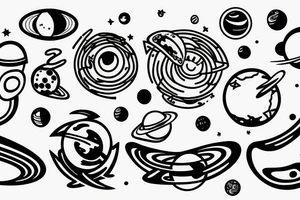 Astronaut surrounded by the planets and lines tattoo idea