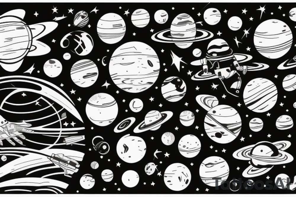 Astronaut surrounded by the planets and lines tattoo idea