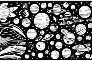 Astronaut surrounded by the planets and lines tattoo idea