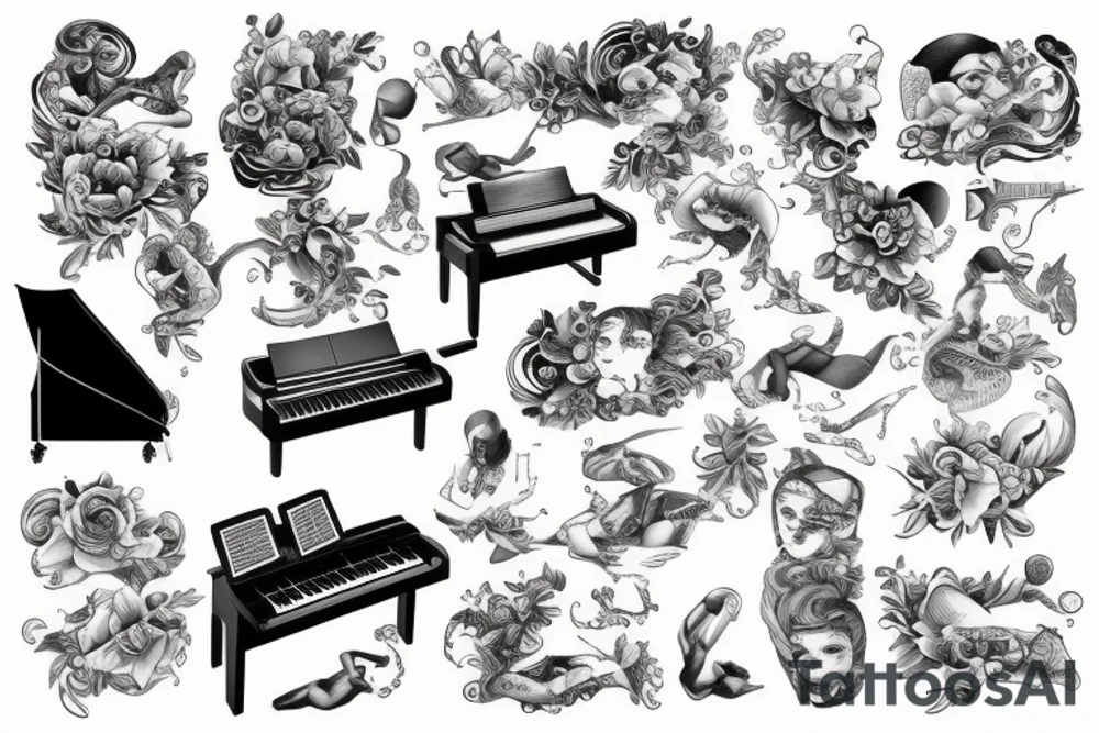 Swimmimg pool and a piano 
combined in one big tattoo tattoo idea