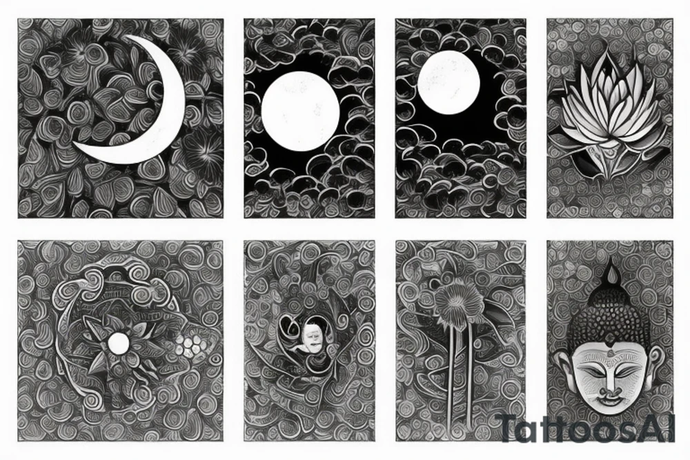 lotos flower growing in the water in night, moon, buddha tattoo idea