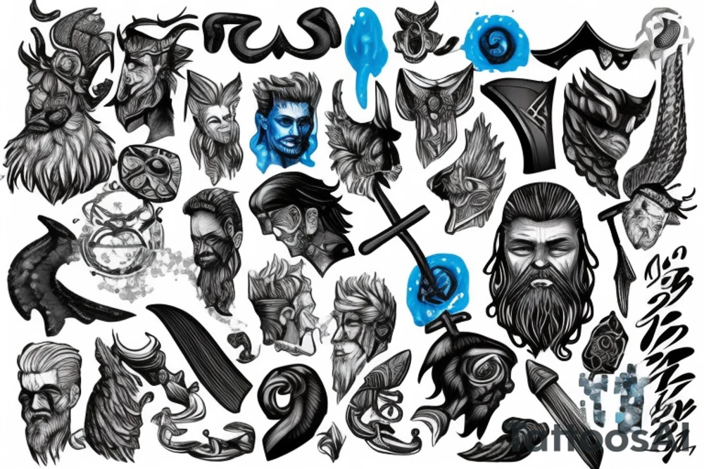 Scandinavian god, in black and blue shades,Tattoo style realism, a viking with scars, around the blue shades of blizzard and ice, in the hands of an ax, a grin tattoo idea