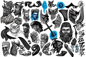 Scandinavian god, in black and blue shades,Tattoo style realism, a viking with scars, around the blue shades of blizzard and ice, in the hands of an ax, a grin tattoo idea