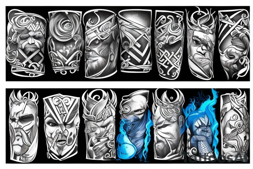 Scandinavian god, in black and blue shades,Tattoo style realism, a viking with scars, around the blue shades of blizzard and ice, in the hands of an ax, a grin tattoo idea