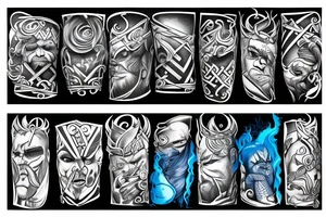 Scandinavian god, in black and blue shades,Tattoo style realism, a viking with scars, around the blue shades of blizzard and ice, in the hands of an ax, a grin tattoo idea