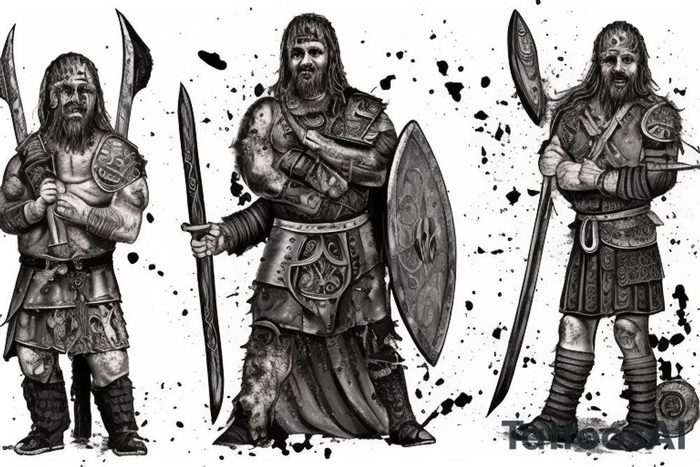 Viking standing in armor, bloodied, with a scar on his face, in his hands an ax, in the background a blue blizzard tattoo idea