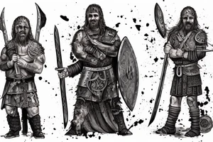 Viking standing in armor, bloodied, with a scar on his face, in his hands an ax, in the background a blue blizzard tattoo idea