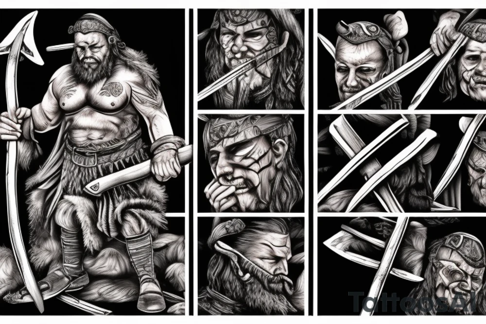 Viking with an ax in his hands, the Viking has a scar on his face, blood flows on his chest, stands against the backdrop of a glacier, a tattoo on his forearm tattoo idea