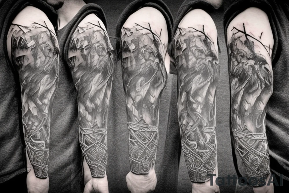 Viking with an ax in his hands, the Viking has a scar on his face, blood flows on his chest, stands against the backdrop of a glacier, a tattoo on his forearm tattoo idea
