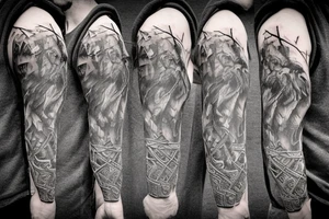 Viking with an ax in his hands, the Viking has a scar on his face, blood flows on his chest, stands against the backdrop of a glacier, a tattoo on his forearm tattoo idea