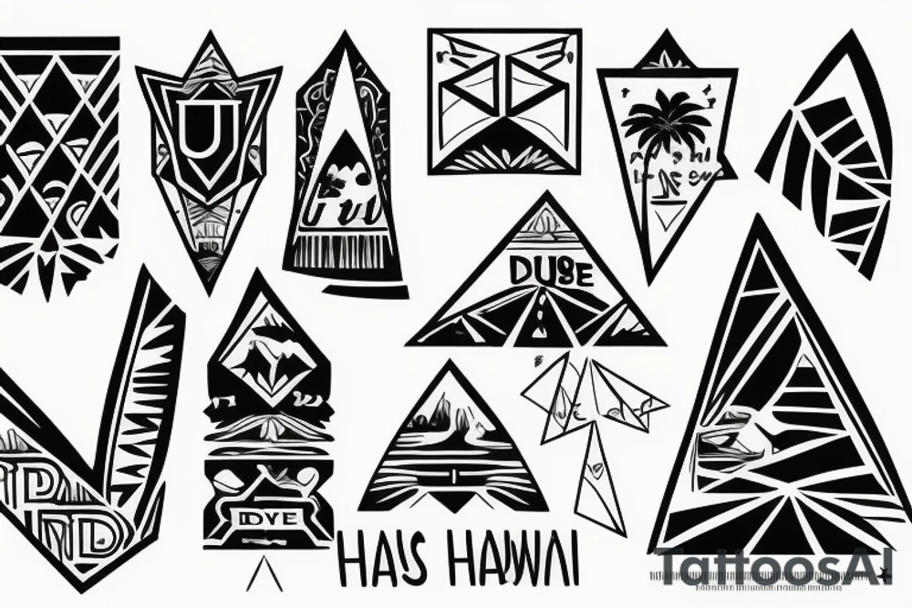 The words “Dues Paid Hawaii” in the shape of triangles tattoo idea