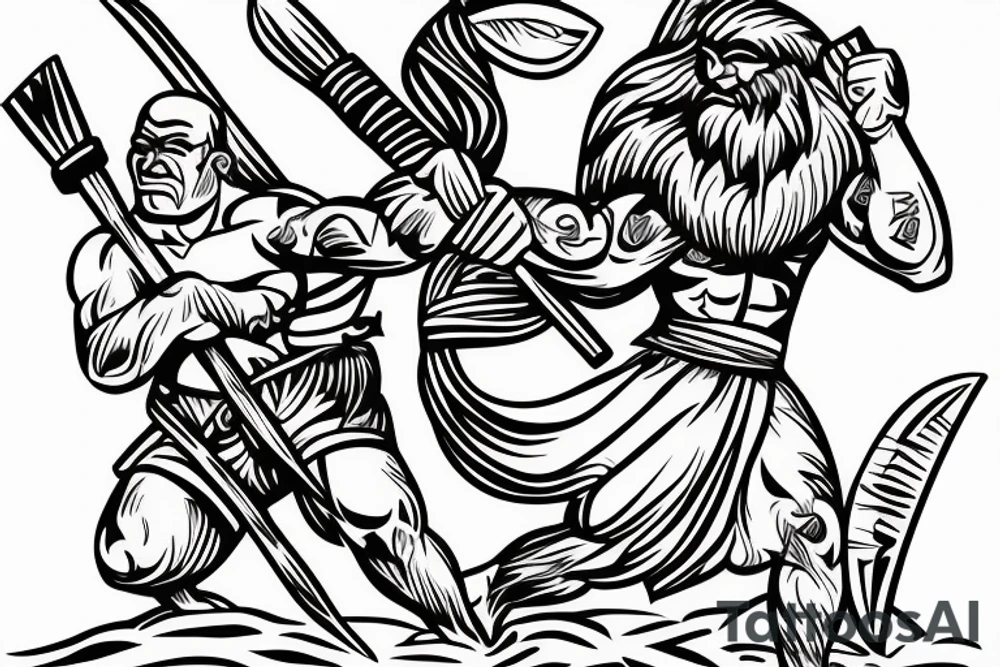 Hawaiian tiki god of war holding a wooden spear on the beach tattoo idea