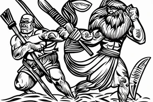 Hawaiian tiki god of war holding a wooden spear on the beach tattoo idea