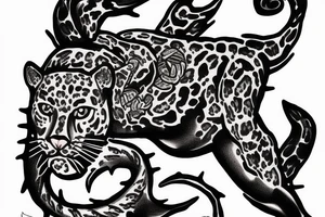 American Traditional styled Jaguar climbing down tattoo idea