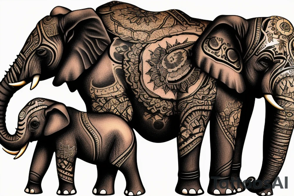 Mom elephant and two baby elephants surrounded by a golden glow tattoo idea