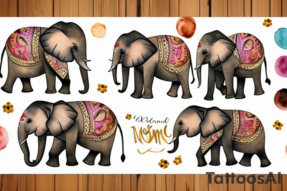 Mom elephant, two baby elephants, golden background tattoo idea