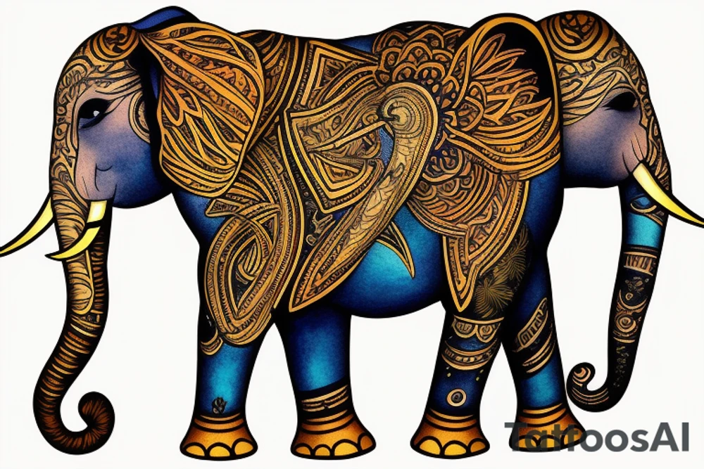 Mom elephant, two baby elephants, golden background tattoo idea