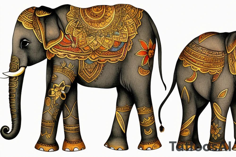 Elephant, two baby elephants, golden background tattoo idea