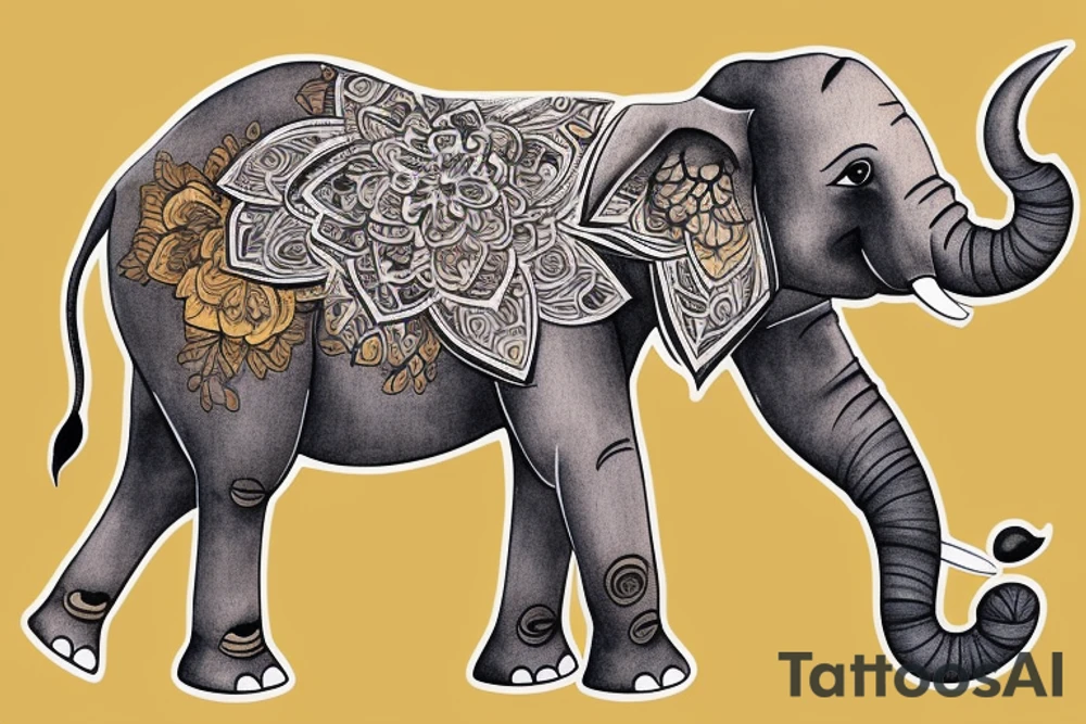 Elephant, two baby elephants, golden background tattoo idea