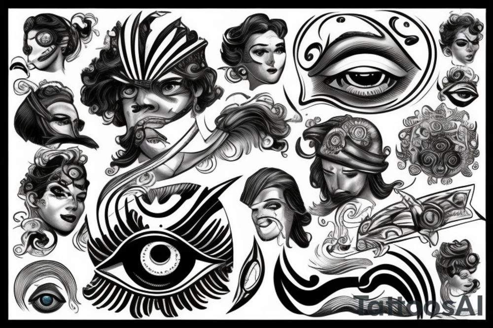 Atlas god, waves, captain morgan and an eye tattoo idea