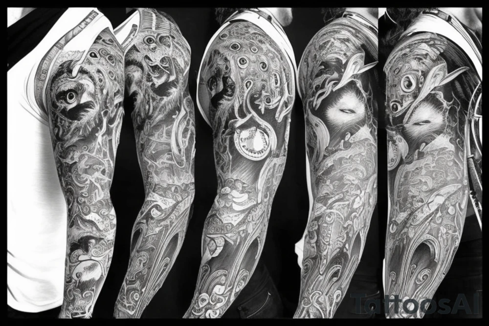 Sleeve with the god atlas, captain morgan, eye tattoo idea