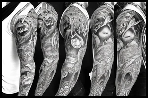 Sleeve with the god atlas, captain morgan, eye tattoo idea