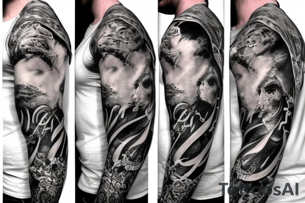 Sleeve with the god atlas, captain morgan, eye tattoo idea