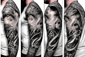 Sleeve with the god atlas, captain morgan, eye tattoo idea