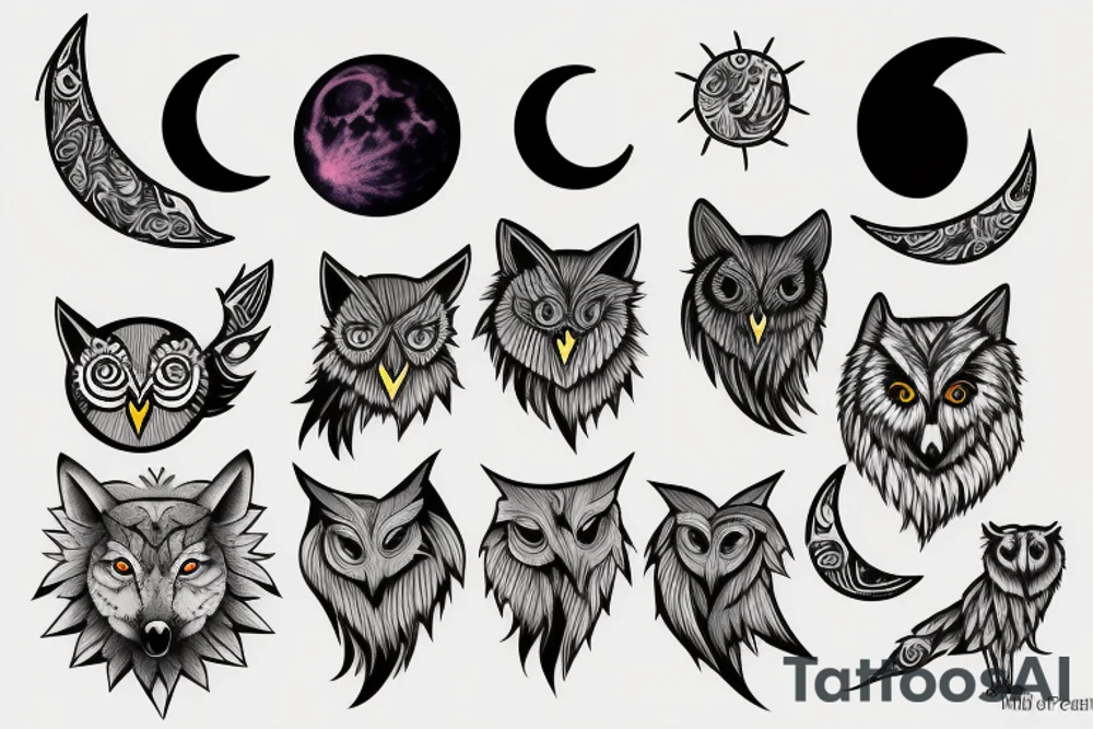 a wolf howls at the moon and an owl flies by tattoo idea