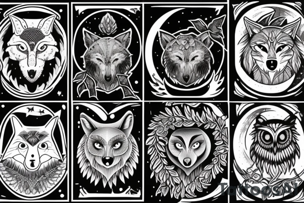 a wolf howls at the moon and an owl flies by tattoo idea