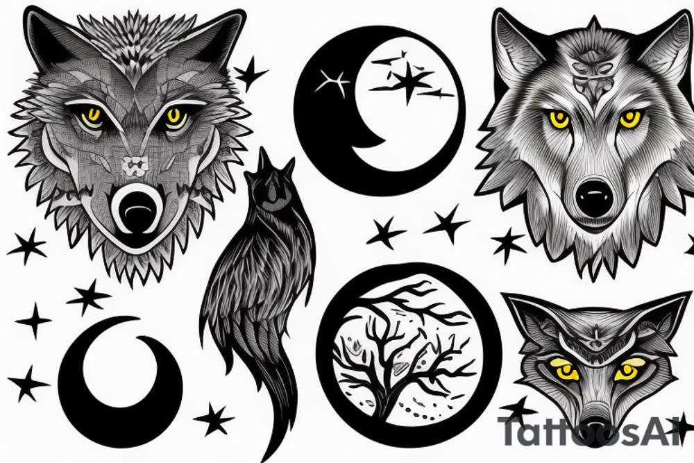 a wolf howls at the moon and an owl flies by tattoo idea
