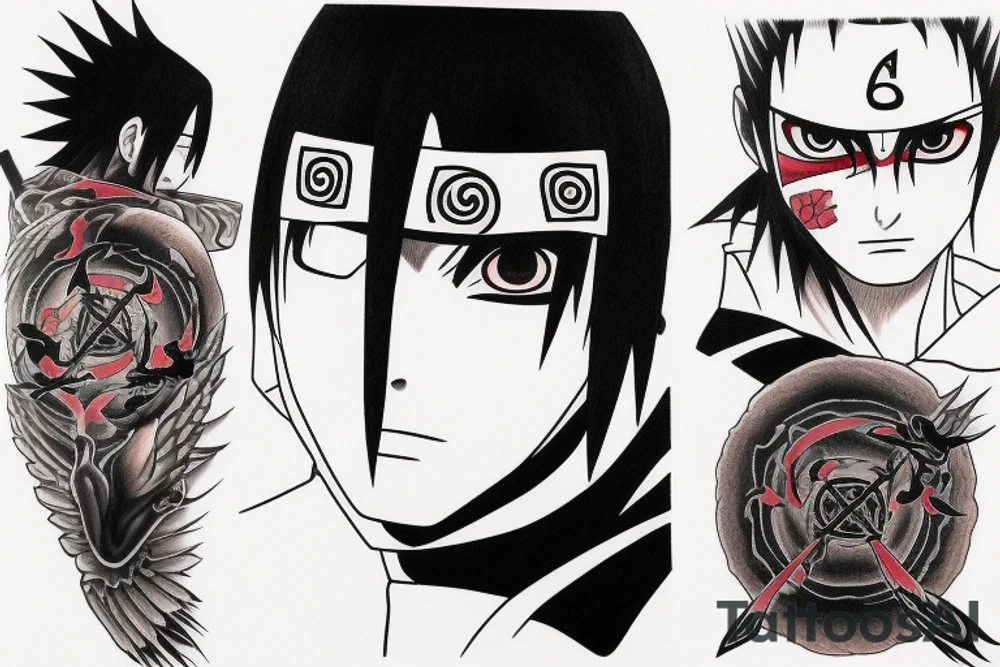 Uchiha itachi wearing black, some raven fly around him tattoo idea