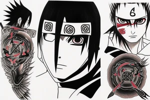Uchiha itachi wearing black, some raven fly around him tattoo idea