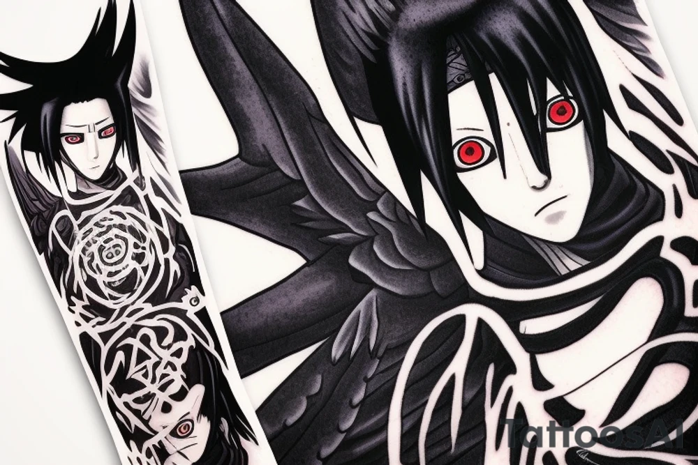 Uchiha itachi wearing black, some raven fly around him tattoo idea